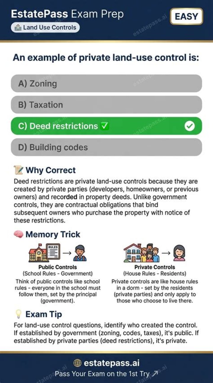 Which of the following is private land use control primarily exerted by?